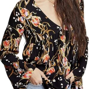 Free People Bella Top Black Tulip Print Floral Tunic Size S